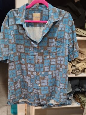Tommy Bahama Large Blue & Grey/Brown Checkered Button Down Men's Silk Shirt